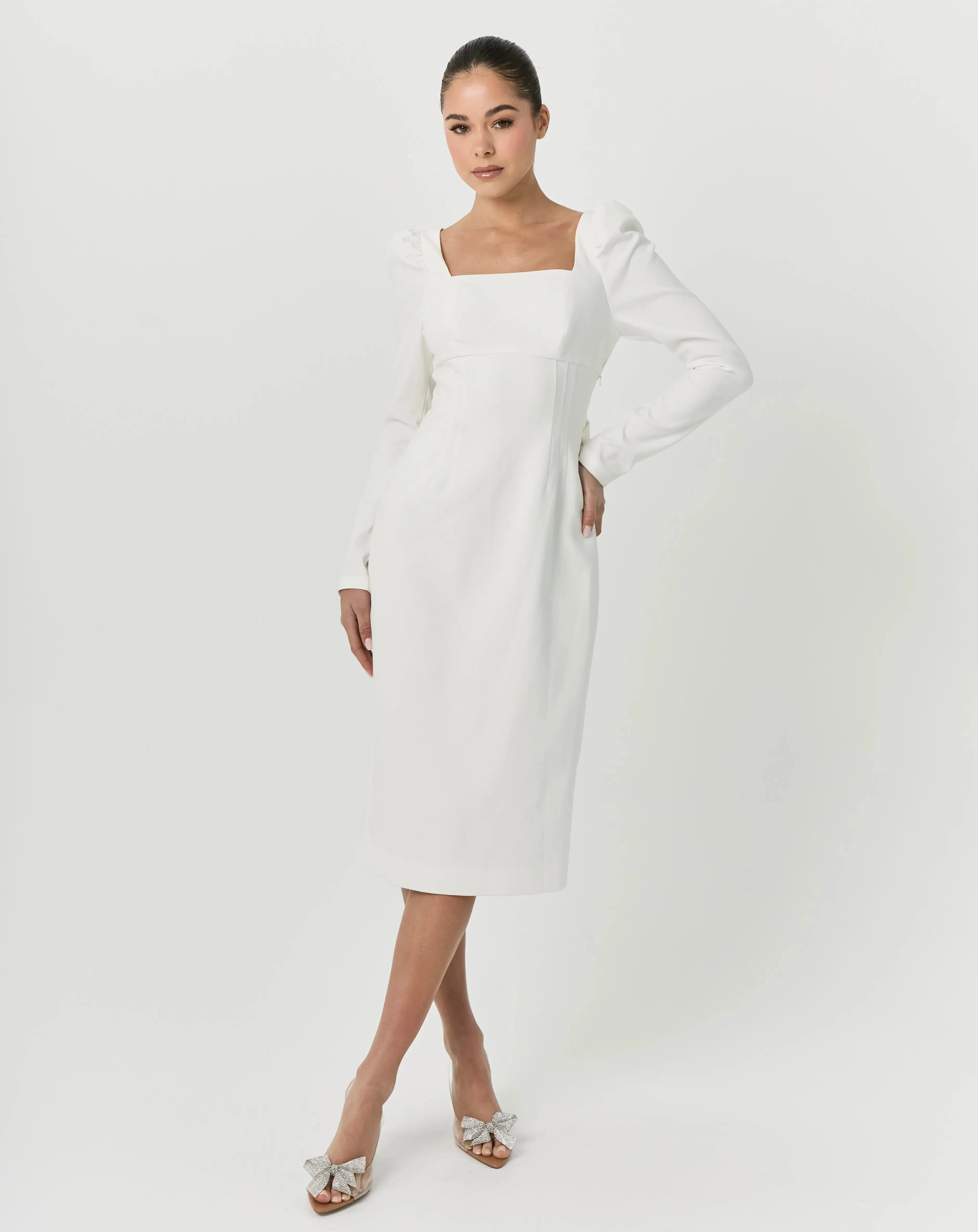 BOW MIDI DRESS WHITE A-LINE - Image 12