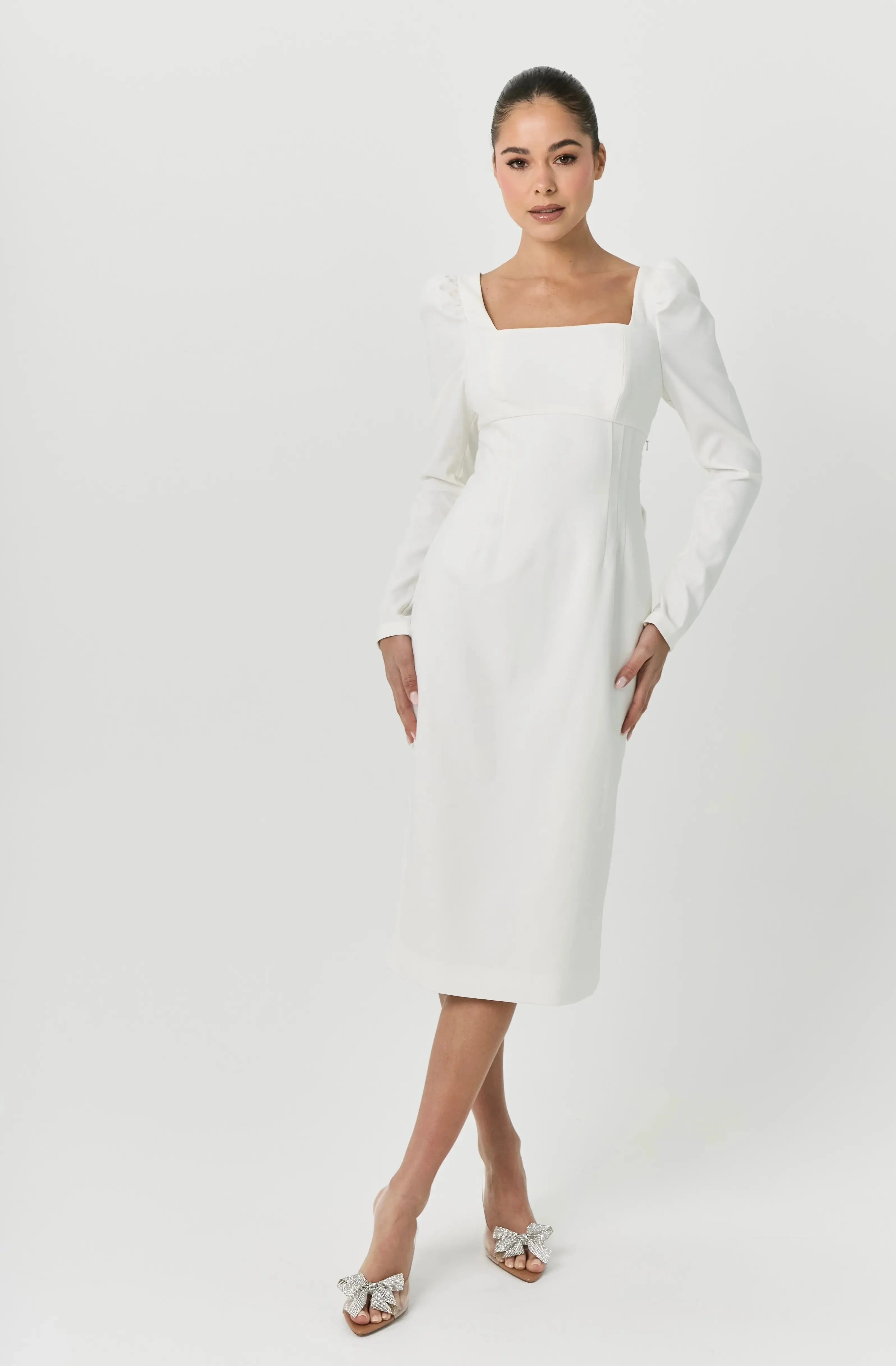 BOW MIDI DRESS WHITE A-LINE - Image 14