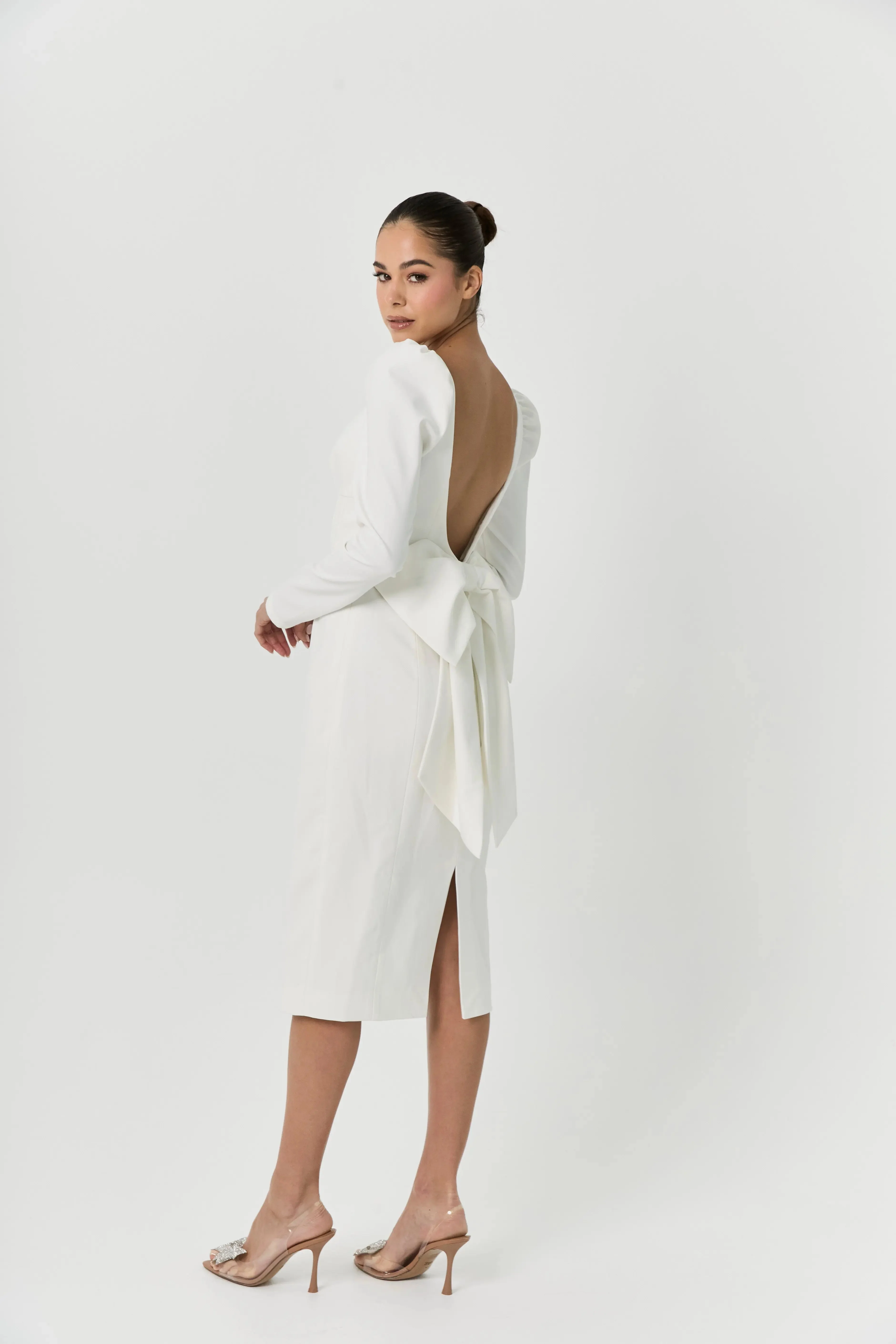 BOW MIDI DRESS WHITE A-LINE - Image 8